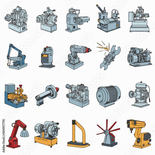Detailed line-art vector icons of mechanical machines. Covers gears, lathes, drills, compressors, industrial motors, and mechanical parts.