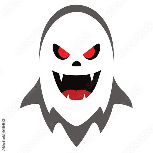 Vector art of a cartoon ghost with red eyes and a wide grin is isolated on white background