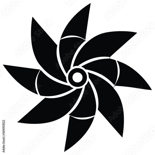 Vector art of a black pinwheel with curved sails is isolated on white background, creating a playful design