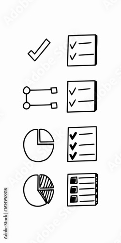 Minimilist illustration showing a check mark, flowchart, pie charts, and checklists in black and white doodle style vector
