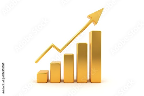 3d growing gold bar shaped bar graphs and a golden arrow upward above graph against white background