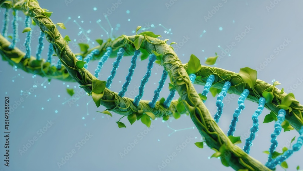 Fototapeta premium Green DNA helix with leaves and blue elements representing nature and biotechnology