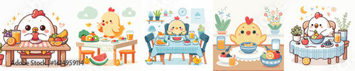 vector collection of cute chickens eating fruit