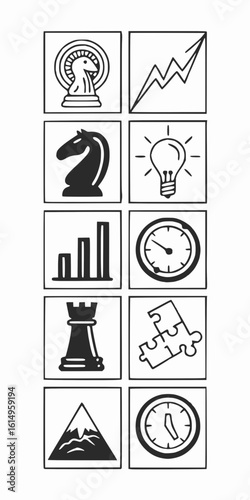Minimilist collection of black and white icons representing strategy, growth, time, and problem solving skills vector