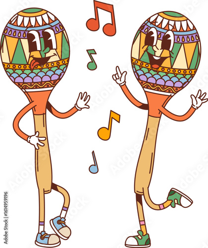 Cartoon groovy sound maracas musical instrument characters with notes. Vector Mexican percussion rattle personages dancing at Fiesta or Cinco de Mayo Latin party celebration exuding retro funky vibes