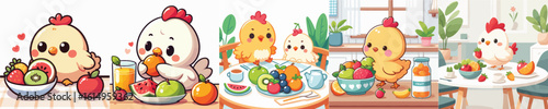 vector collection of cute chickens eating fruit