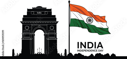 India gate silhouette with indian flag
