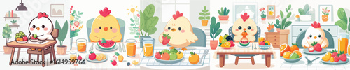 vector collection of cute chickens eating fruit
