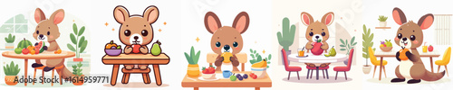 collection of cute kangaroo vectors eating fruit
