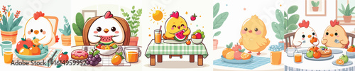 vector collection of cute chickens eating fruit