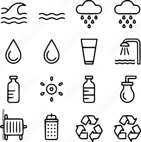 Minimilist collection of water related icons featuring waves rain drops glass bottle shower and recycle symbols vector