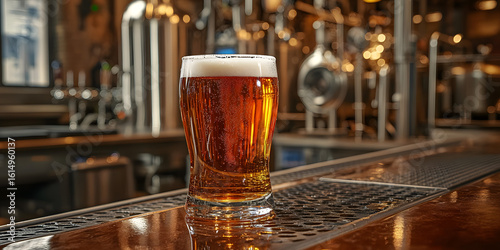 Amber beer with frothy top in a bar setting