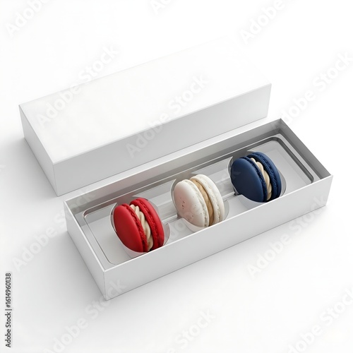 Open rectangular white paper box mockup with a plastic tray inside filled with arrange three macarons in red, white and navy blue color alongside a matching cap isolated on white background