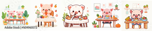 vector collection of cute pigs eating fruit