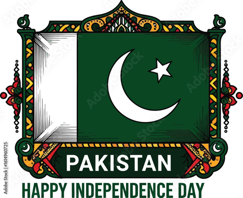 Pakistan flag with decorative frame for independence day