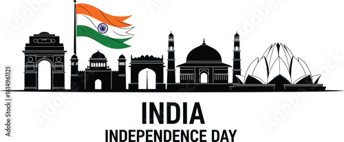 India independence day skyline silhouette with flag