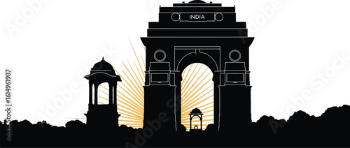 Silhouette of india gate with sunrise