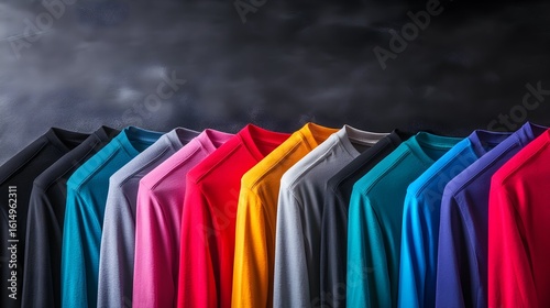 Baju kaos, kaos baju, A colorful array of comfortable long-sleeved shirts showcasing a wide range of hues against a dark backdrop.