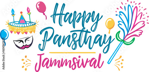 Happy Pansthay Jammisival festive lettering with party elements vector