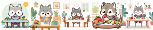 collection of cute wolf vectors eating fruit