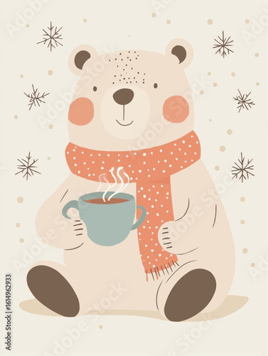 Warm winter bear with a cup and scarf, great for DIY printables like tags, greeting cards, and holiday craft materials