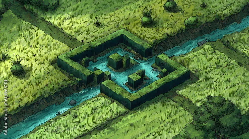 Fototapeta premium A stylized illustration of a complex waterway system crisscrossing a grassy plain.