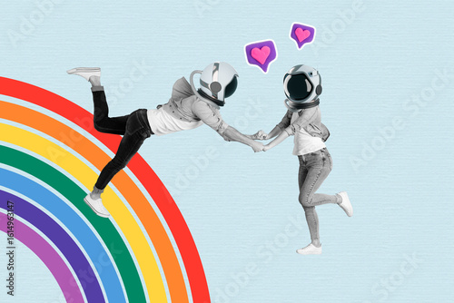 Canvastavla Full image poster banner collage of two anonym girl guy instead head helmet fly