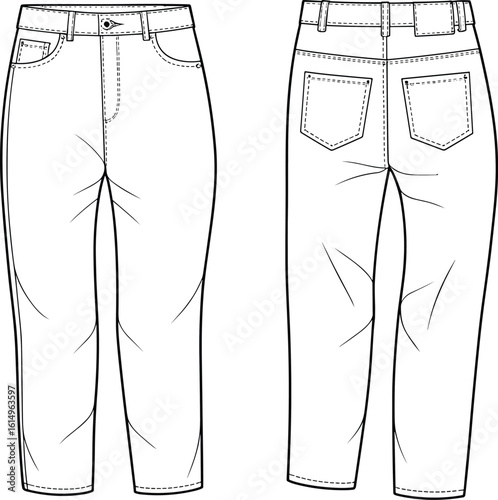 CAD drawing flat vector illustration of jeans front and back view, detailed pockets, stitching, belt loops, fashion sketch
