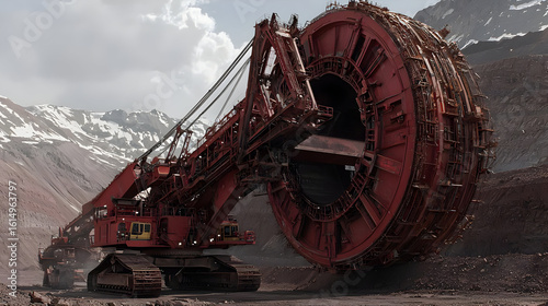 Large red mining machine,  a massive earth mover with a rotating drum, positioned in a quarry setting, against a backdrop of snow-capped mountains