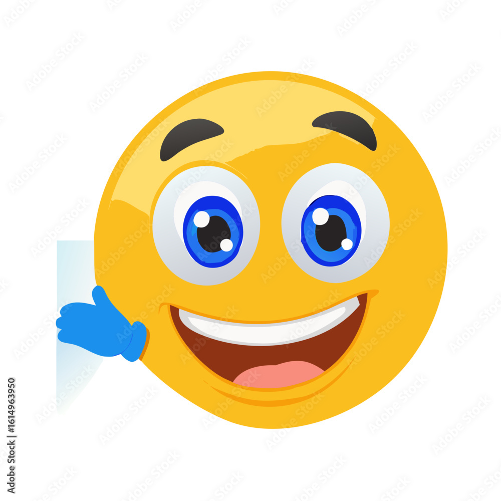Fototapeta premium Happy Smiling Emoji Face Peeking Out and Presenting with Wide Grin Vector Illustration
