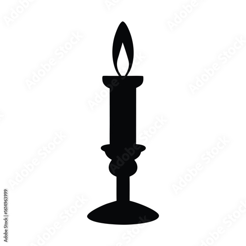 Vector art of a black candle with a bright flame sits on a candlestick isolated on white background