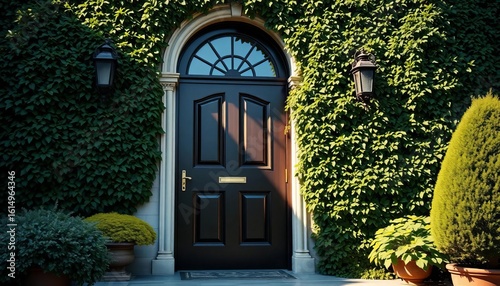 Elegant dark wood front door, ivy-covered walls, sunlight,  design,  autumn