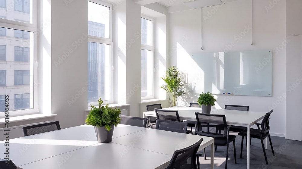 Fototapeta premium Sunlight streams into a modern conference room with white tables, black chairs, and potted plants creating a bright workspace