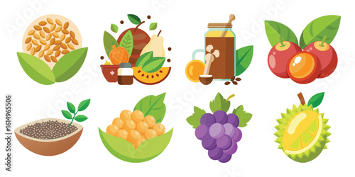 a Vector Vibrant Flat-Lay Illustration: Diverse Superfoods, Healthy Lifestyle, Nutritional Benefits. on white background 