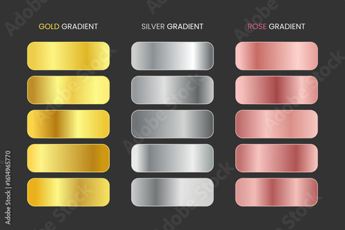 Elegant gradient swatches featuring gold, silver, and rose tones in rounded blocks. Ideal for luxury branding, UI design, web elements, and premium graphic design resources.