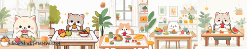 collection of cute cat vectors eating fruit
