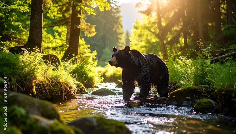 Majestic black bear wading through a sun-dappled forest stream Majestic black bear wading through a sun-dappled forest stream