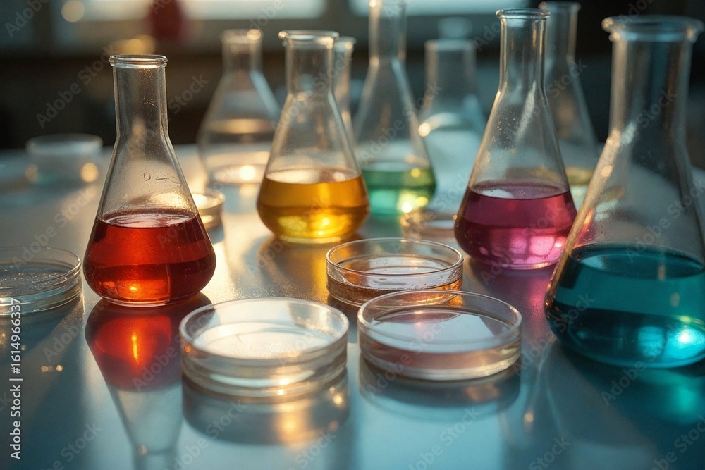 Artistic Arrangement of Laboratory Glassware with Intricate Light and Shadow Patterns, Featuring Petri Dishes, Beakers, and Flasks Artistic Arrangement of Laboratory Glassware with Intricate Light and Shadow Patterns, Featuring Petri Dishes, Beakers, and Flasks