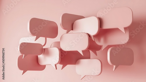 A group of pink speech bubbles are clustered together, symbolizing conversation and communication