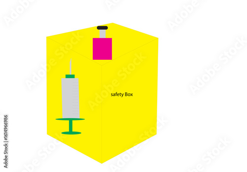 Medical safety box with syringe and vial illustration in bright yellow, flat vector style for healthcare hygiene and safe disposal concept

