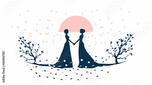 Two women in dresses holding hands under a pink sun with falling petals and trees on each side