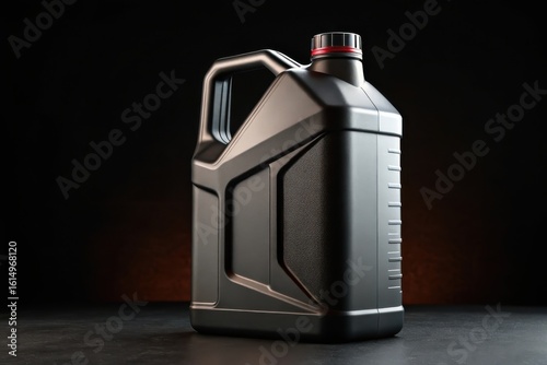 Darkly lit modern black plastic motor oil container with textured grip and red cap on a reflective surface