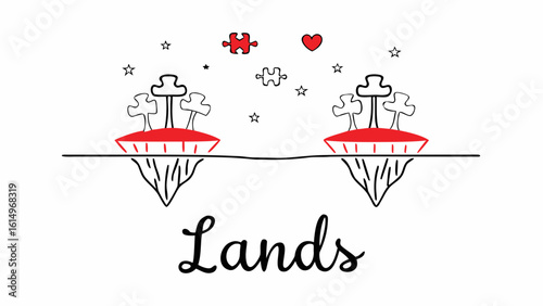 Illustration of two floating islands with crosses, puzzle pieces, heart and stars on white background