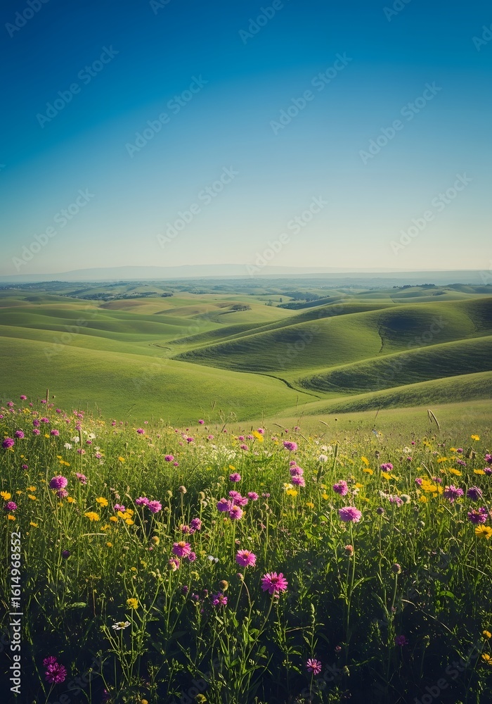 Fototapeta premium Rolling hills and wildflowers under clear blue sky