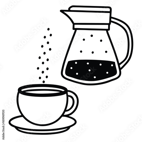 Simple line art illustration of a coffee pot and a steaming cup of coffee on a saucer