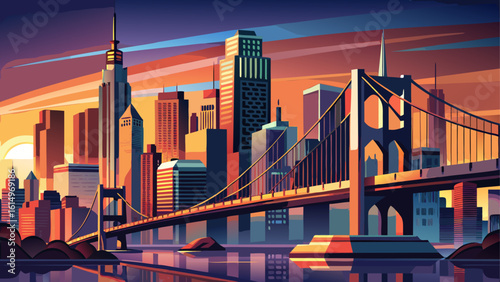 New York City, New York, glows at dusk with the Brooklyn Bridge spanning sparkling waters. Semi-realistic detail reveals towering skyscrapers and the vibrant life between shadows and lights.