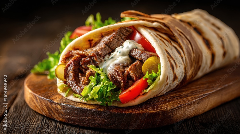 Nice photo of tasty shawarma wrap in flatbread filled with grilled beef, lettuce, tomato, pickles with garlic sauce on rustic wooden plate, isolated on white background. Nice photo of tasty shawarma wrap in flatbread filled with grilled beef, lettuce, tomato, pickles with garlic sauce on rustic wooden plate, isolated on white background.