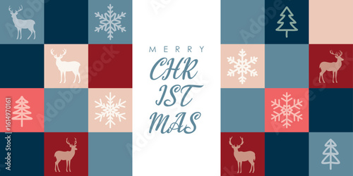 christmas greeting card with trees and snowflakes vector illustration