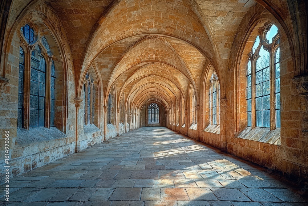 Fototapeta premium Sunlit stone hallway with arched ceilings and windows.