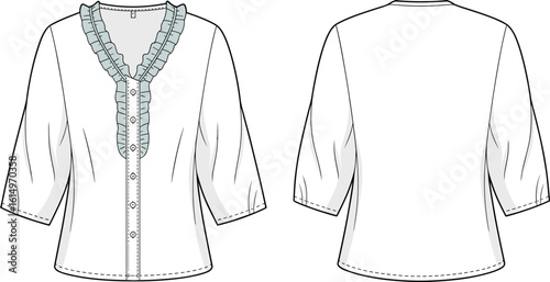 Modern winter puffer jacket CAD drawing, flat fashion sketch, unisex outerwear design template, technical illustration for apparel designers, vector